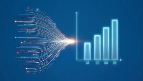 Scattered data streams converging into a rising bar chart, symbolizing chaotic metrics resolving into a clear growth trajectory.