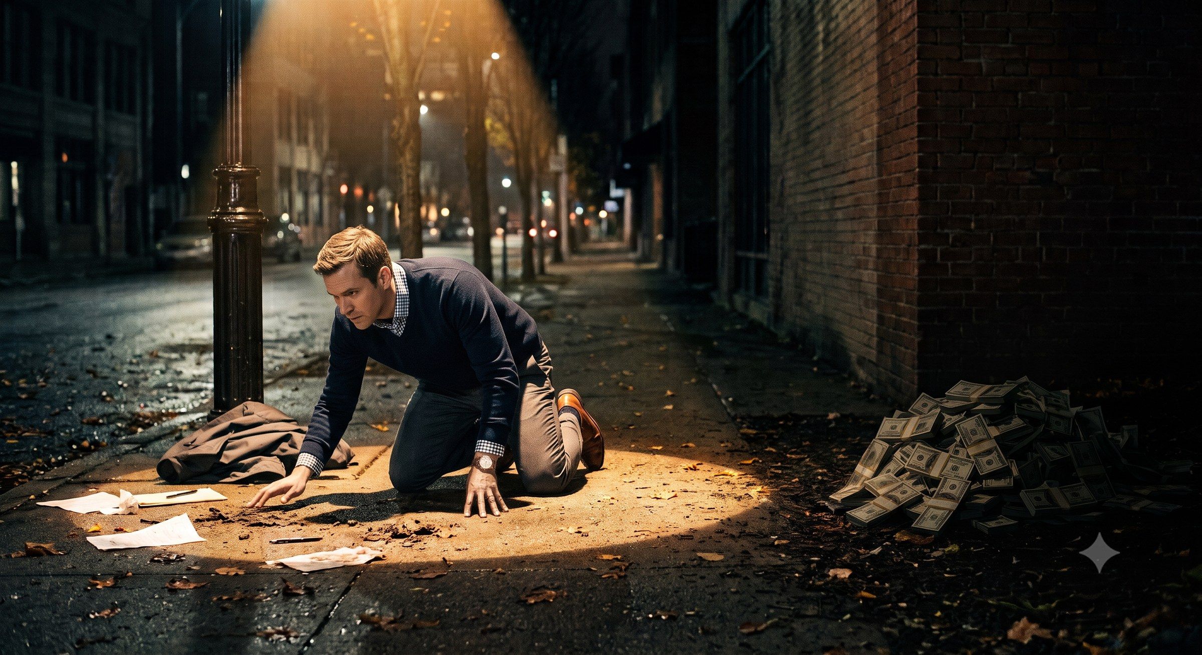 The Streetlight Effect: A businessman in business casual attire meticulously searches the ground directly under the bright glow of a streetlight, completely oblivious to a massive pile of cash sitting just feet away, hidden in the surrounding darkness.