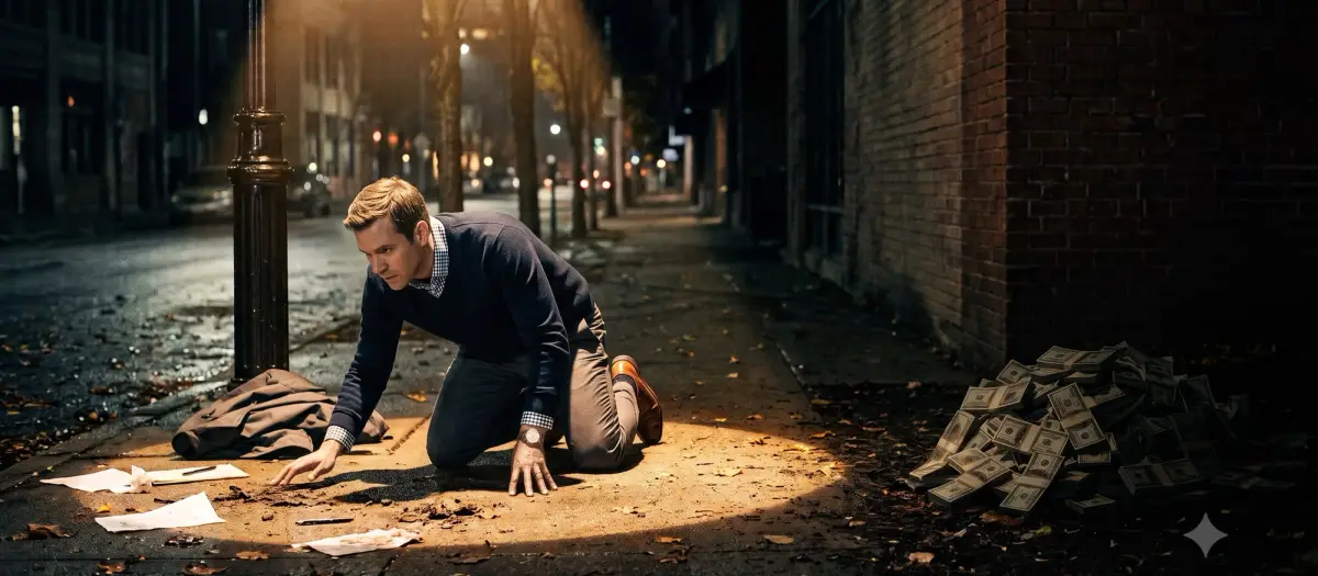 The Streetlight Effect: A businessman in business casual attire meticulously searches the ground directly under the bright glow of a streetlight, completely oblivious to a massive pile of cash sitting just feet away, hidden in the surrounding darkness.
