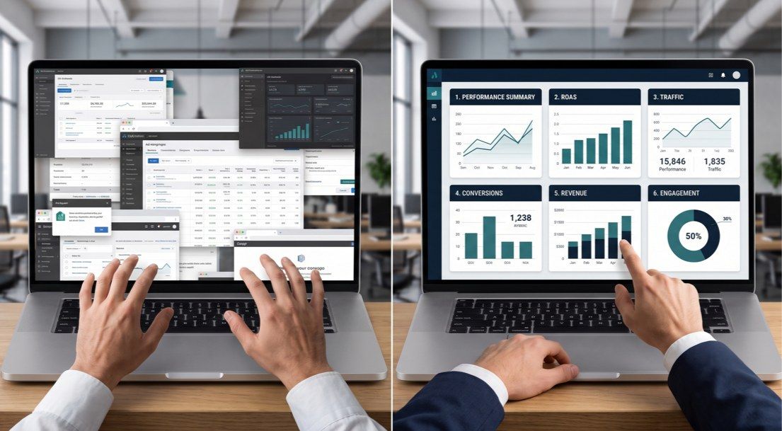 Split-screen illustration contrasting a chaotic digital marketing workspace with tangled overlapping dashboards on the left against a clean, organized campaign management interface on the right.