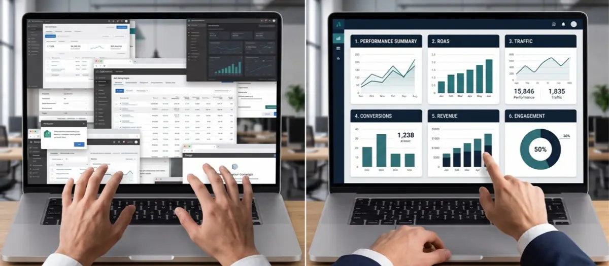 Split-screen illustration contrasting a chaotic digital marketing workspace with tangled overlapping dashboards on the left against a clean, organized campaign management interface on the right.