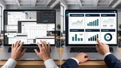 Split-screen illustration contrasting a chaotic digital marketing workspace with tangled overlapping dashboards on the left against a clean, organized campaign management interface on the right.