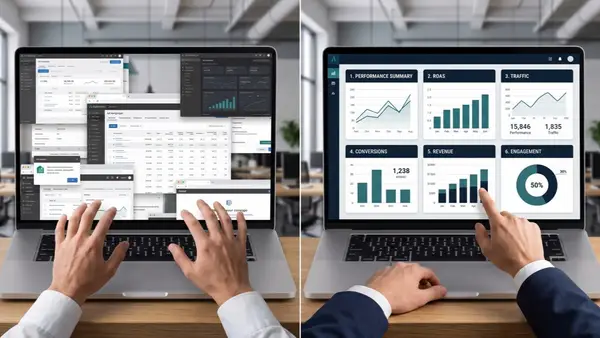 Split-screen illustration contrasting a chaotic digital marketing workspace with tangled overlapping dashboards on the left against a clean, organized campaign management interface on the right.
