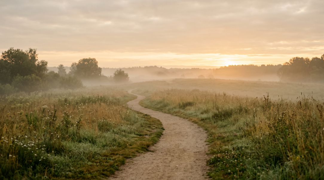 A dirt path winding through a misty meadow toward a soft sunrise on the horizon