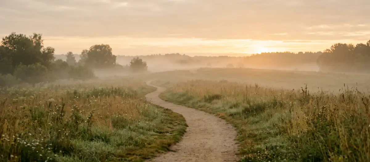 A dirt path winding through a misty meadow toward a soft sunrise on the horizon