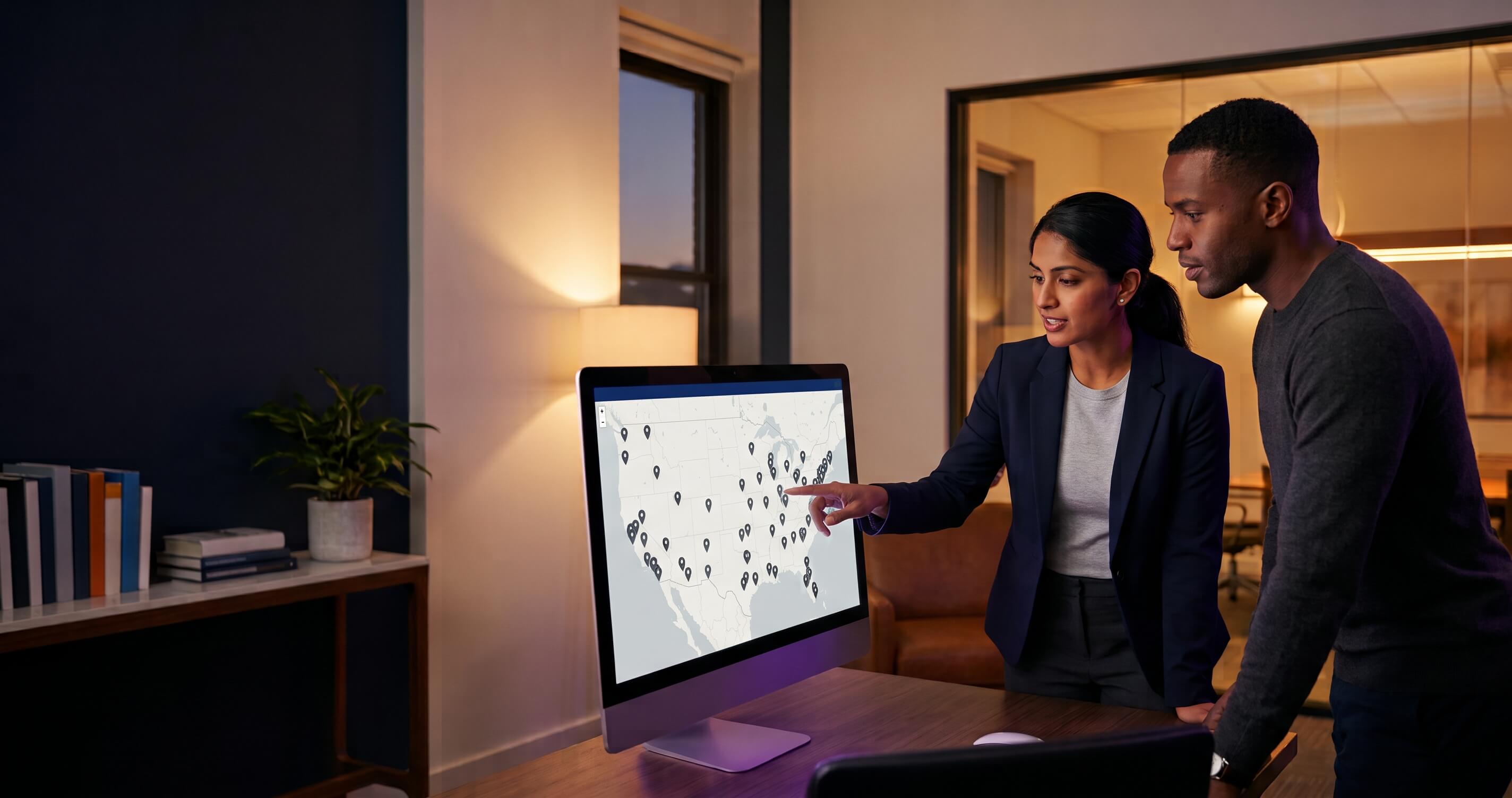 Two marketing professionals in a warmly lit evening office reviewing a monitor showing a US map dotted with dozens of store-location performance pins.