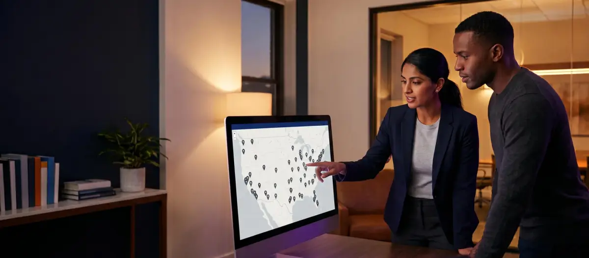 Two marketing professionals in a warmly lit evening office reviewing a monitor showing a US map dotted with dozens of store-location performance pins.