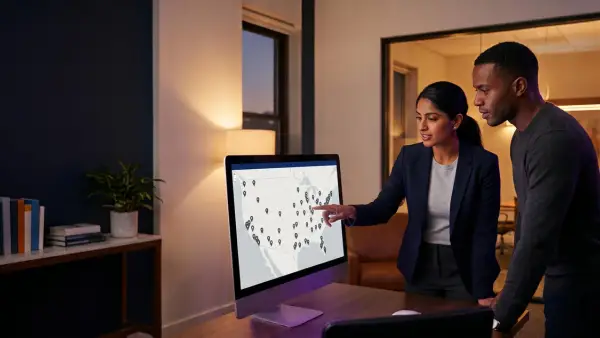 Two marketing professionals in a warmly lit evening office reviewing a monitor showing a US map dotted with dozens of store-location performance pins.