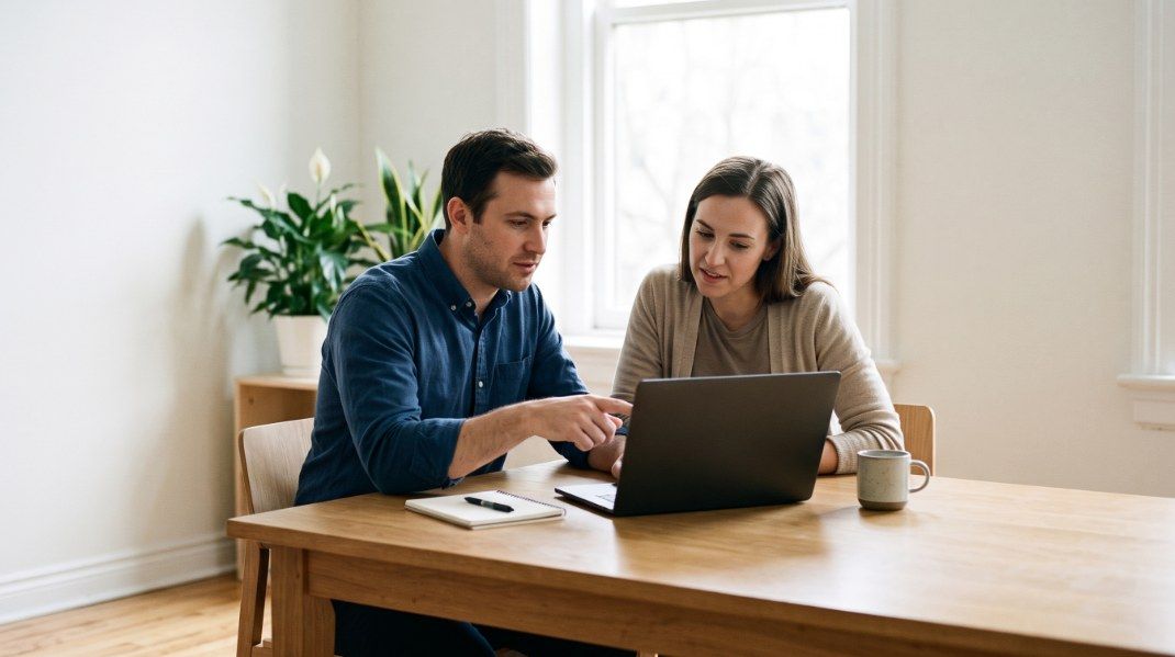 A man and a woman at a wooden table reviewing something on a laptop together, with a notebook and coffee mug beside them