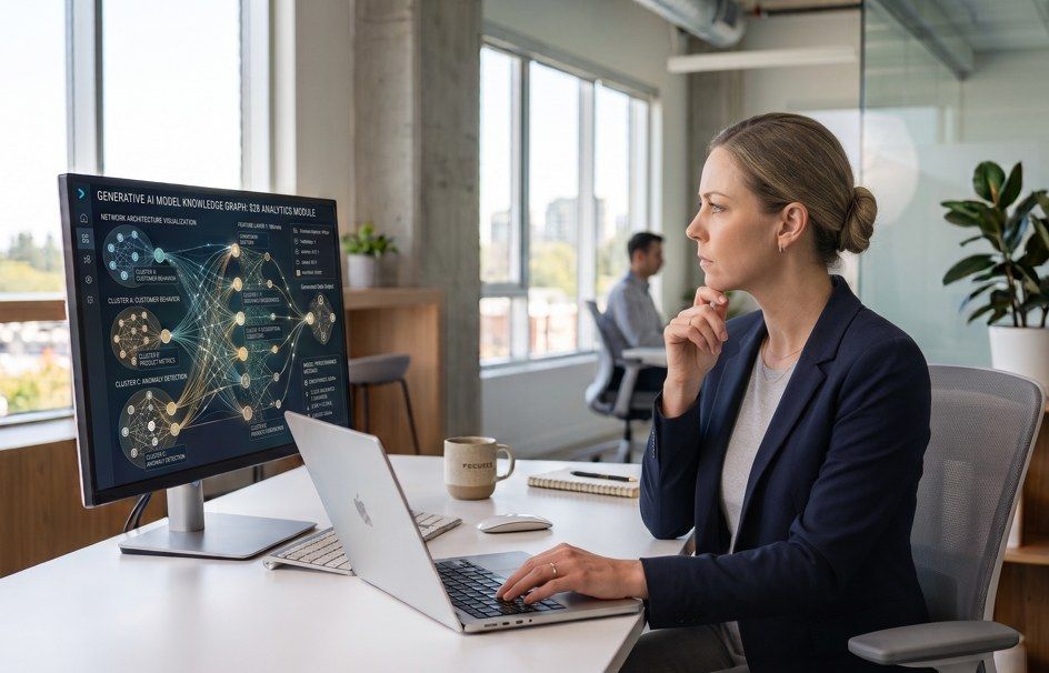 A professional woman looks skeptically at a large monitor displaying a Generative AI data visualization in a modern office.