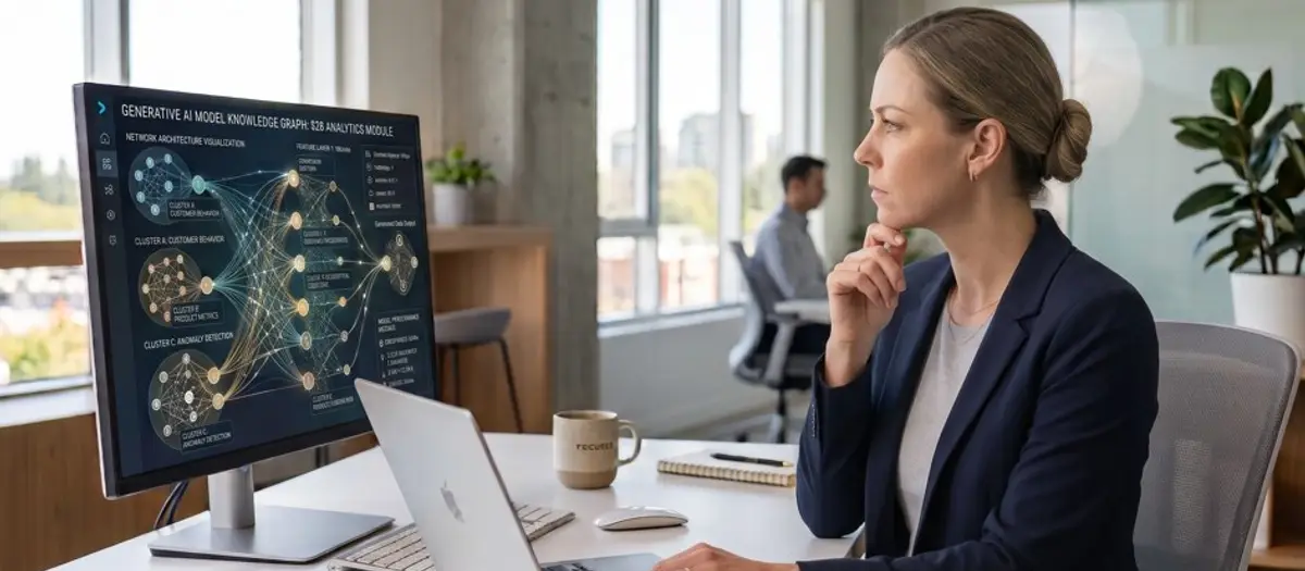 A professional woman looks skeptically at a large monitor displaying a Generative AI data visualization in a modern office.