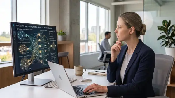 A professional woman looks skeptically at a large monitor displaying a Generative AI data visualization in a modern office.