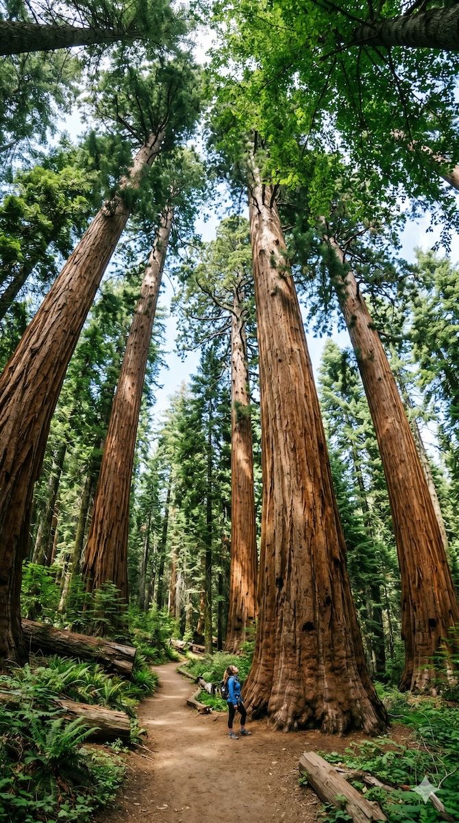Towering giant sequoia trees in a dense forest at Sequoia National Park, viewed from the ground looking up at their massive trunks and high canopy