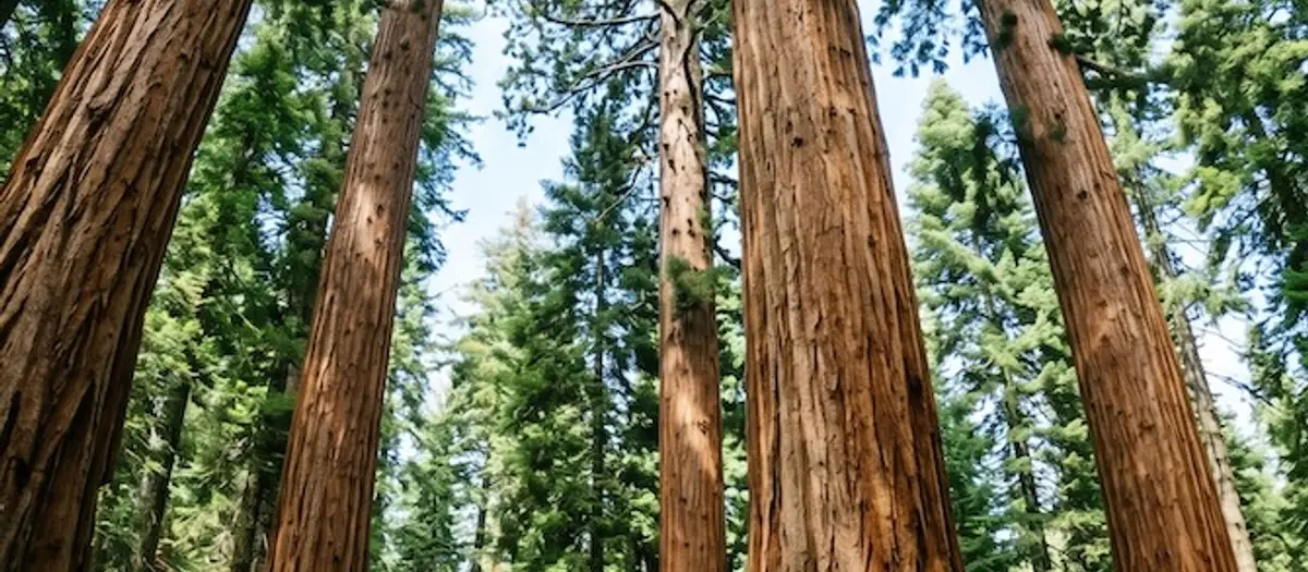 Towering giant sequoia trees in a dense forest at Sequoia National Park, viewed from the ground looking up at their massive trunks and high canopy