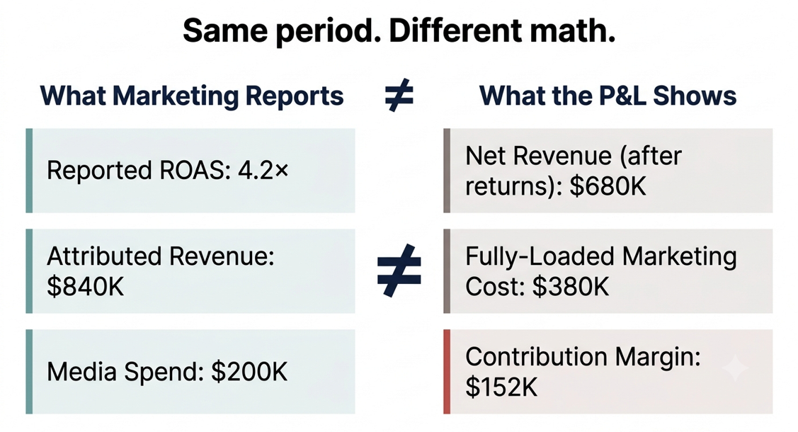 Side-by-side comparison showing what marketing reports versus what the P&L shows — same period, different math