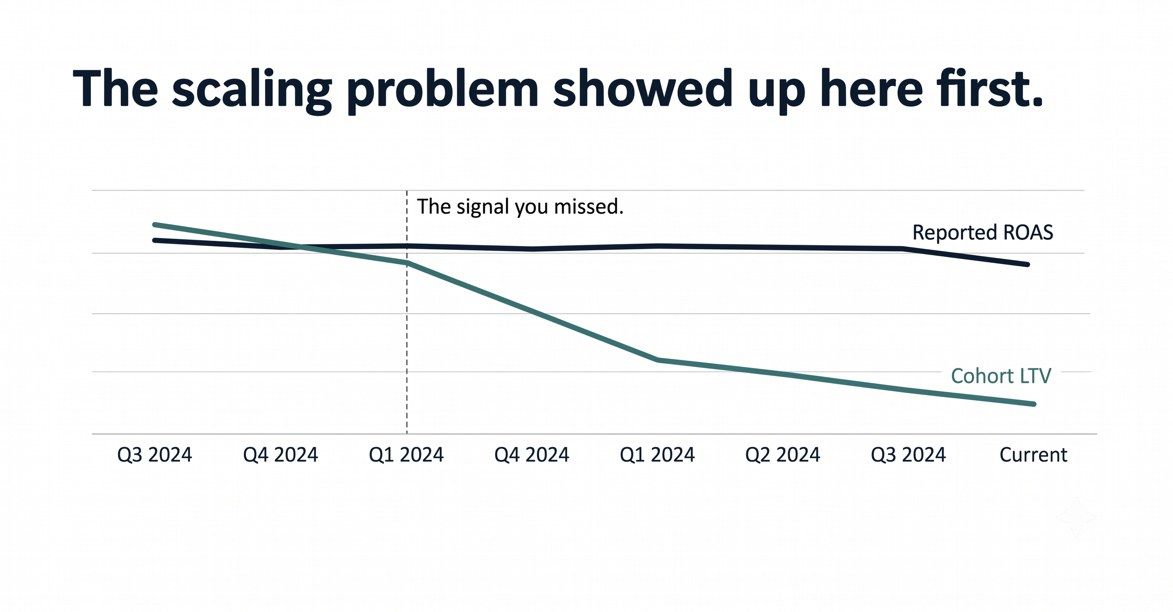 Line chart showing Cohort LTV declining steeply from Q4 2024 through Q3 2026 while Reported ROAS remains flat, with a callout labeled "The signal you missed" marking the point of divergence in Q1 2025.