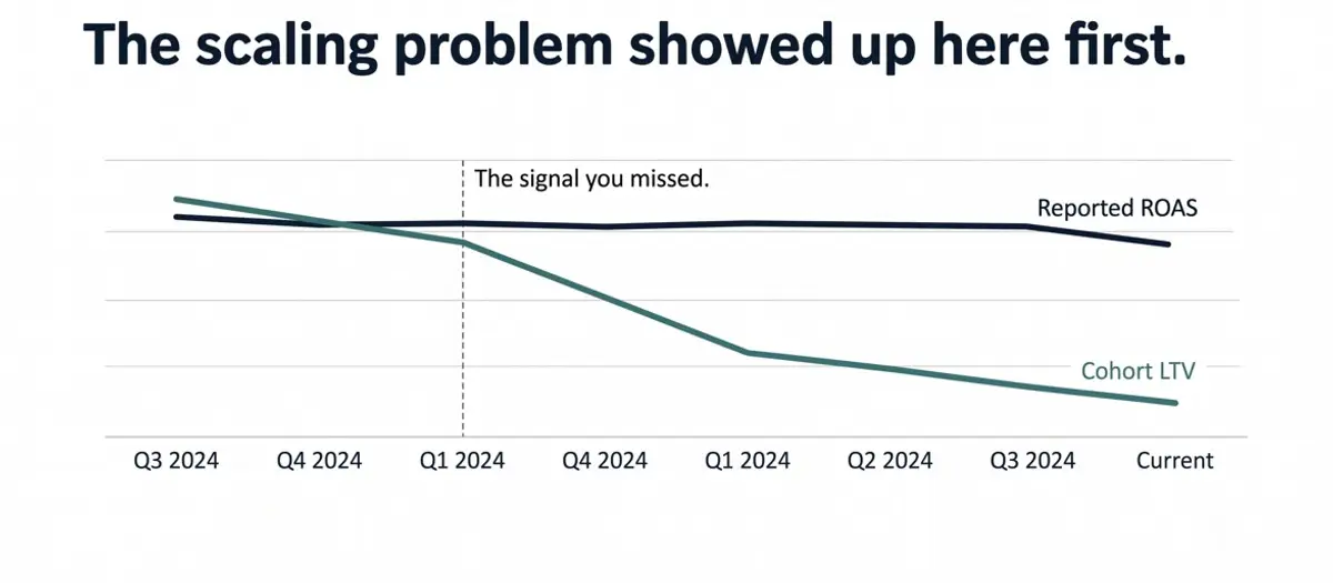 Line chart showing Cohort LTV declining steeply from Q4 2024 through Q3 2026 while Reported ROAS remains flat, with a callout labeled "The signal you missed" marking the point of divergence in Q1 2025.