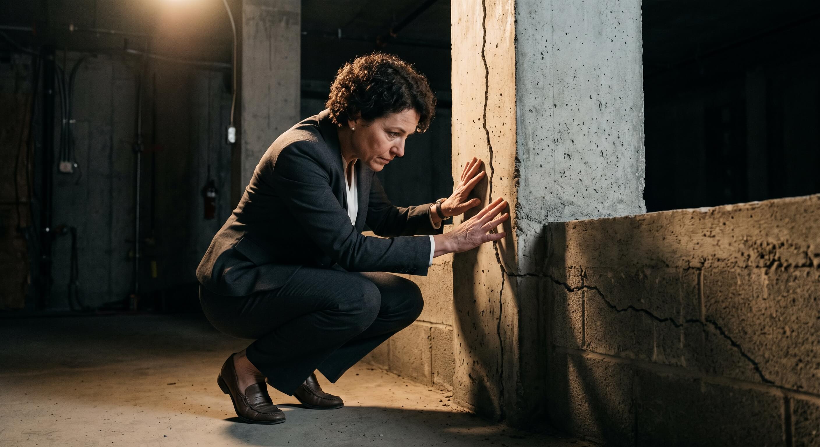 A business executive in a suit crouching at the base of a cracked concrete foundation wall, examining the structural damage with both hands