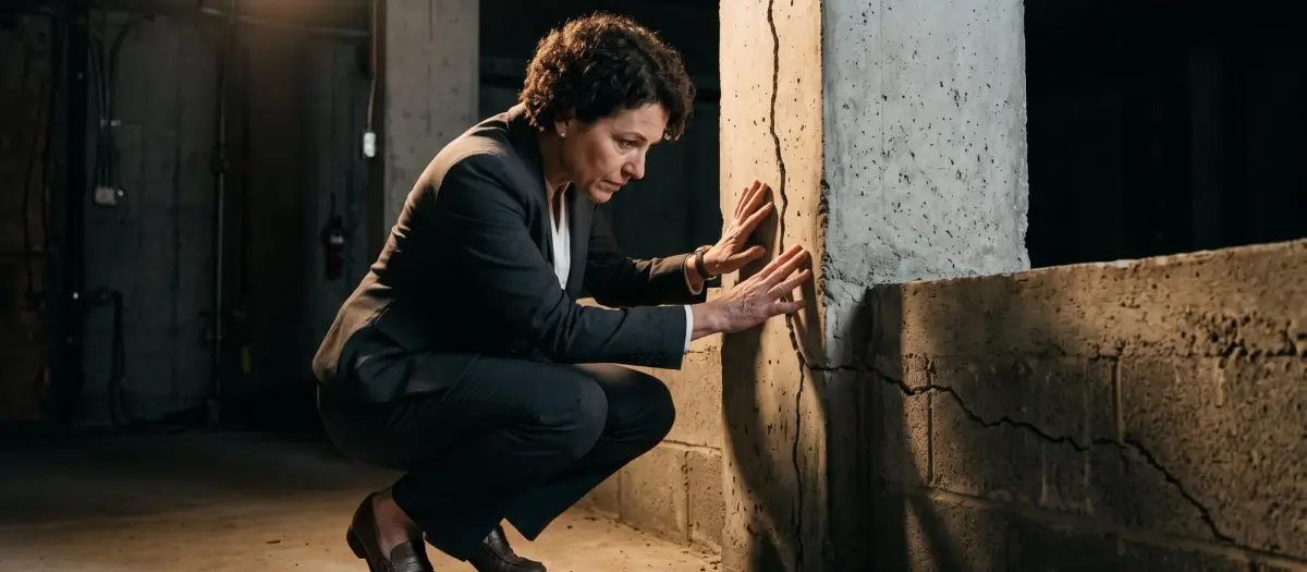 A business executive in a suit crouching at the base of a cracked concrete foundation wall, examining the structural damage with both hands