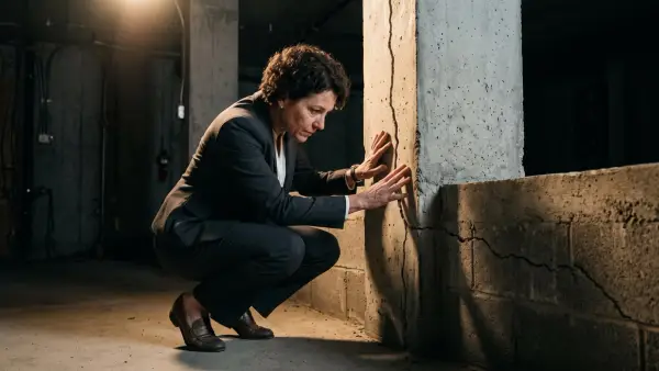 A business executive in a suit crouching at the base of a cracked concrete foundation wall, examining the structural damage with both hands