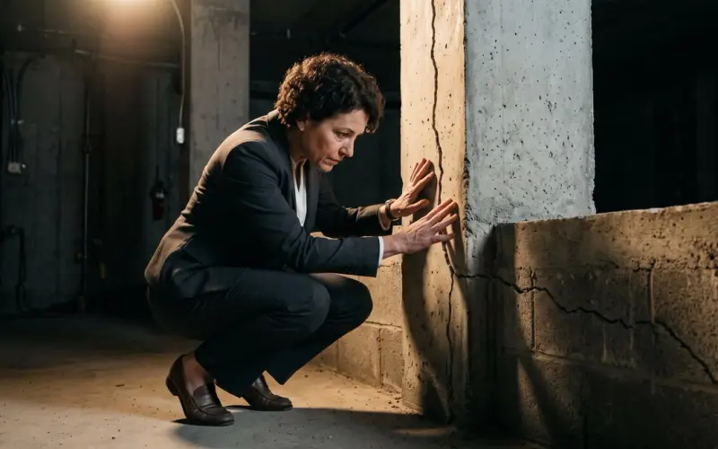 A business executive in a suit crouching at the base of a cracked concrete foundation wall, examining the structural damage with both hands
