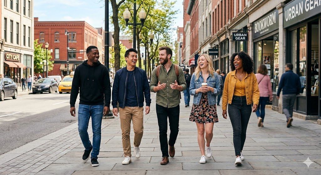 Three men and two women laughing and walking side by side down a city street in daylight