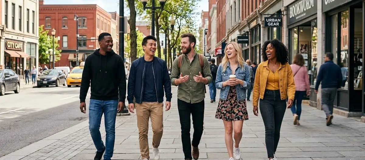 Three men and two women laughing and walking side by side down a city street in daylight