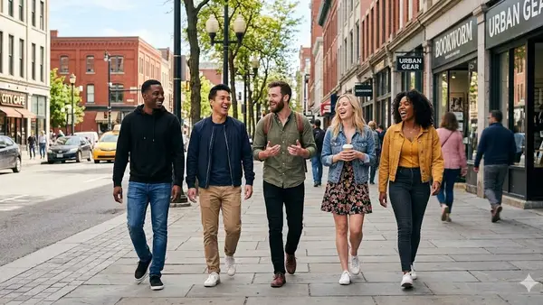 Three men and two women laughing and walking side by side down a city street in daylight