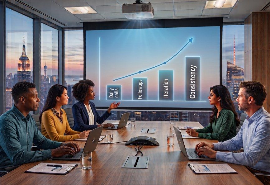 A diverse group of five business professionals sitting around a modern conference room table, looking at a projected slide which illustrates how consistency breeds success. 