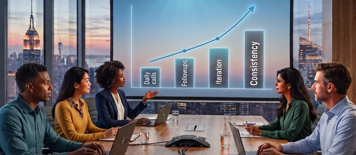 A diverse group of five business professionals sitting around a modern conference room table, looking at a projected slide which illustrates how consistency breeds success.