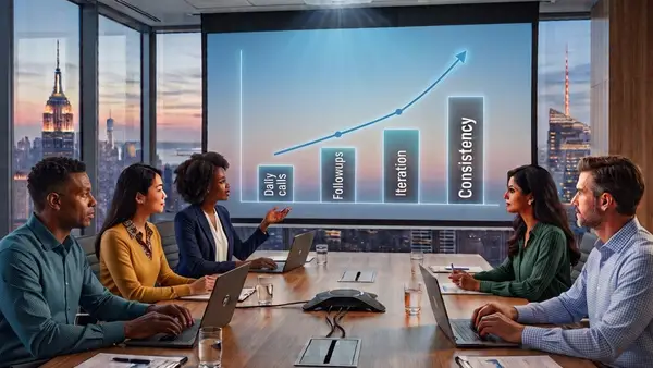 A diverse group of five business professionals sitting around a modern conference room table, looking at a projected slide which illustrates how consistency breeds success.