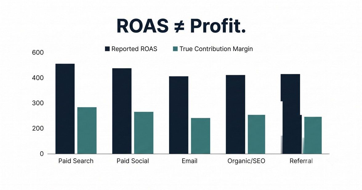 Bar chart comparing Reported ROAS versus True Contribution Margin across five marketing channels — Paid Search, Paid Social, Email, Organic/SEO, and Referral — showing that reported ROAS consistently overstates actual marketing profit in every channel.