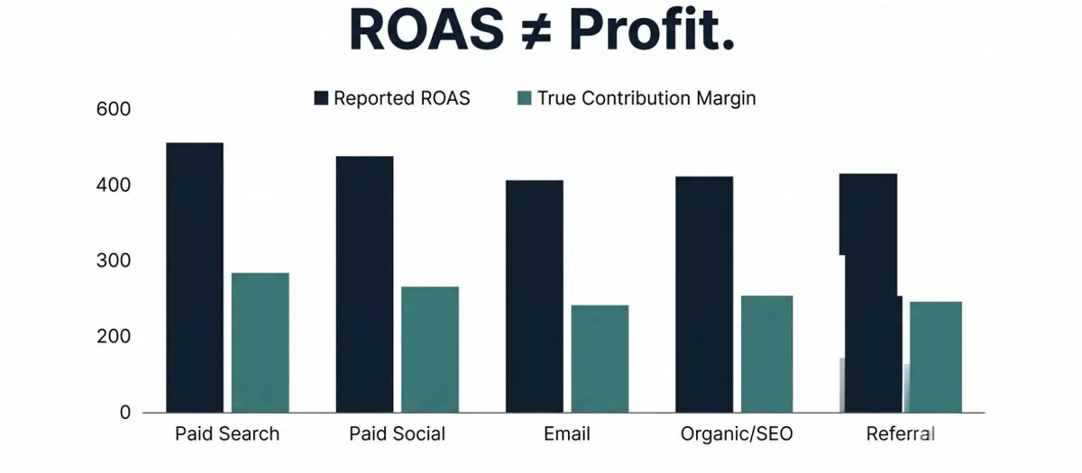 Bar chart comparing Reported ROAS versus True Contribution Margin across five marketing channels — Paid Search, Paid Social, Email, Organic/SEO, and Referral — showing that reported ROAS consistently overstates actual marketing profit in every channel.