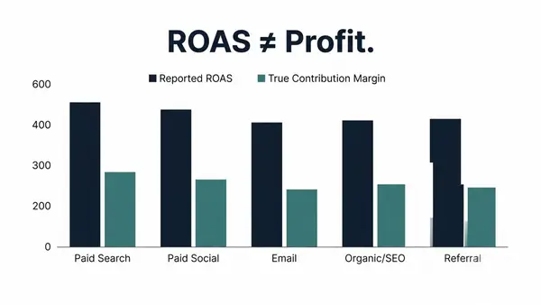 Bar chart comparing Reported ROAS versus True Contribution Margin across five marketing channels — Paid Search, Paid Social, Email, Organic/SEO, and Referral — showing that reported ROAS consistently overstates actual marketing profit in every channel.