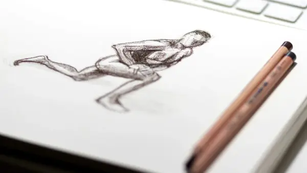 A page featuring a pencil sketch of a person stretching, getting ready to run