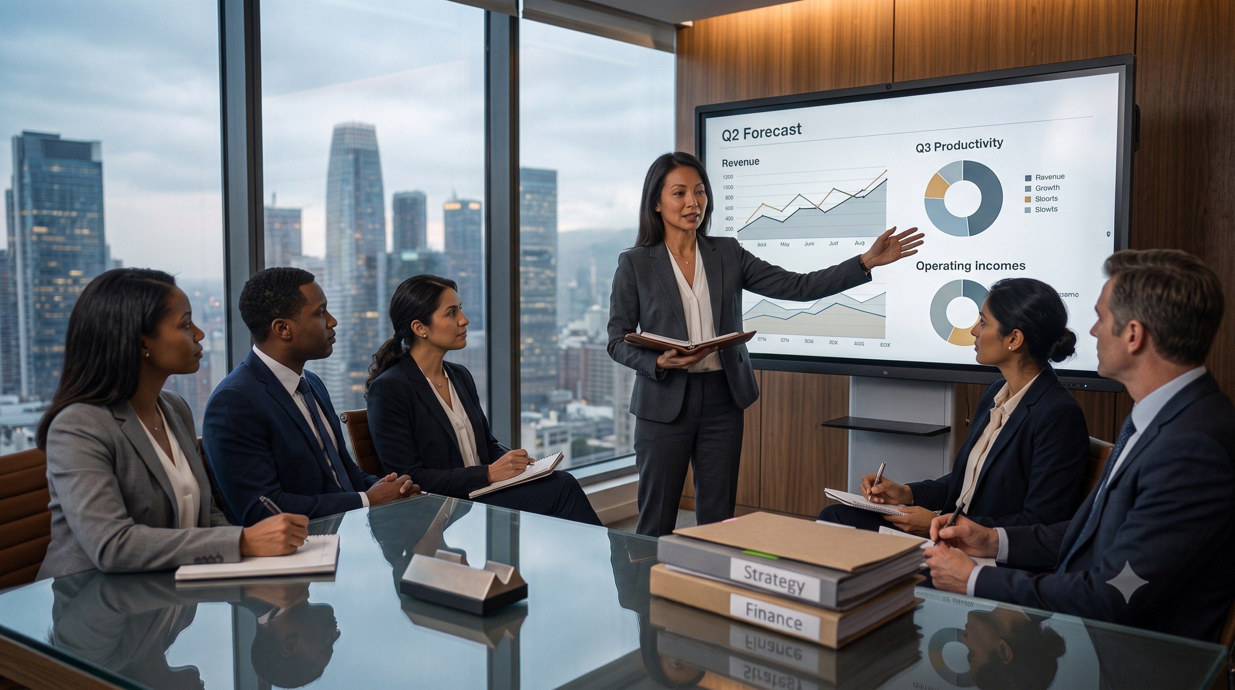 A confident CFO presents performance data to other members of the executive team.
