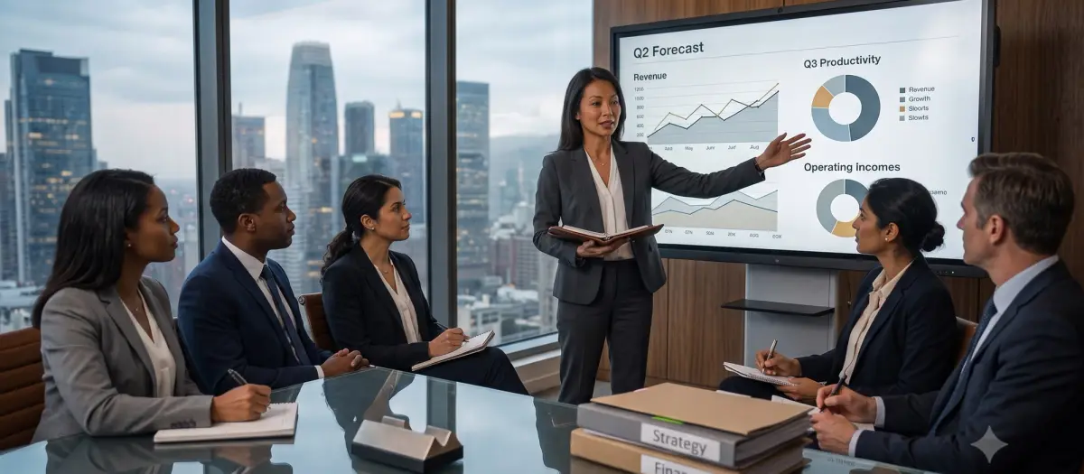 A confident CFO presents performance data to other members of the executive team.