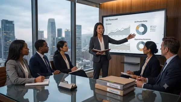 A confident CFO presents performance data to other members of the executive team.
