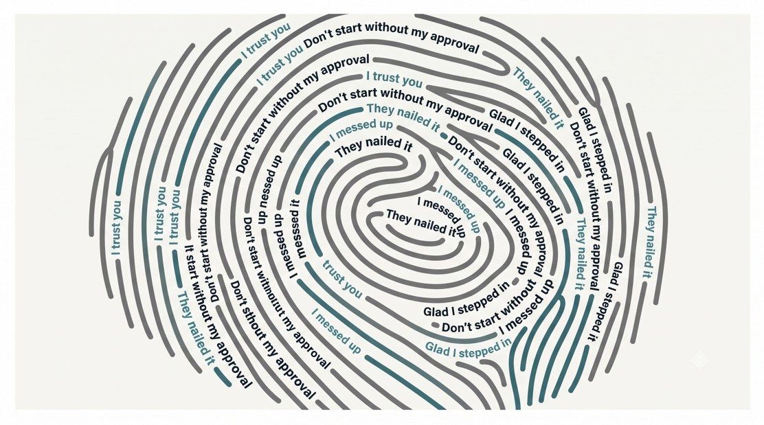 A fingerprint illustration where the ridge lines are formed by repeating leadership phrases — "I trust you" and "They nailed it" in teal, and "Don't start without my approval," "I messed up," and "Glad I stepped in" in charcoal — representing how a leader's default language reveals their management style.