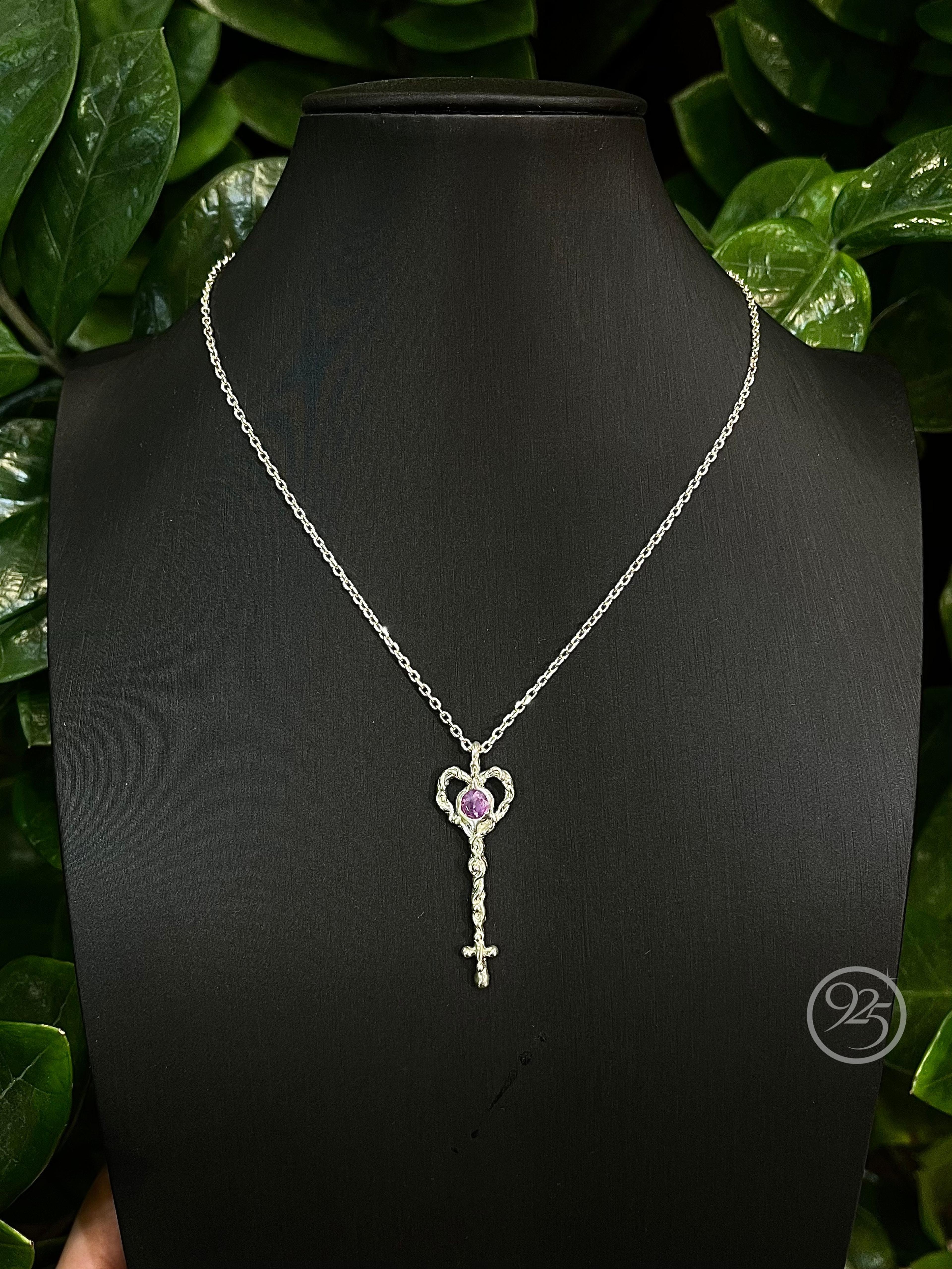 Amethyst Heart Key Silver Necklace