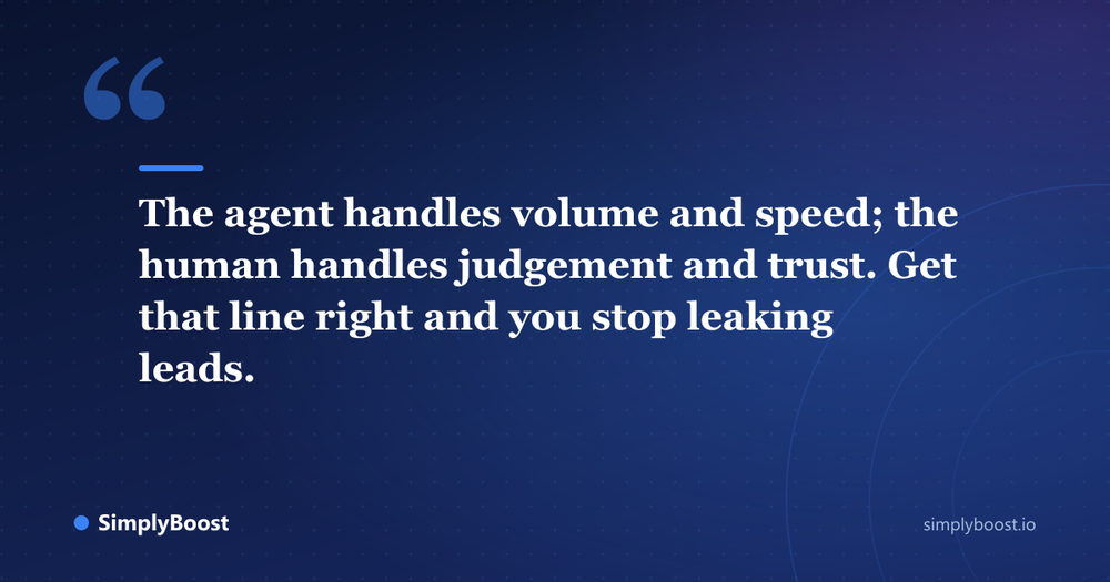Pull quote: The agent handles volume and speed; the human handles judgement and trust. Get that line right and you stop leaking leads. - SimplyBoost