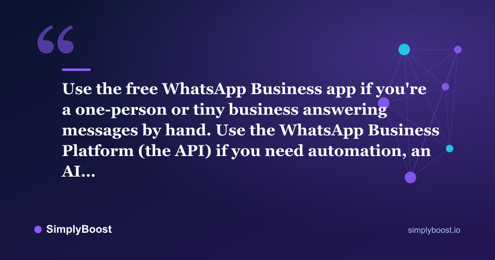 WhatsApp Business API vs app pull quote: Use the free WhatsApp Business app if you're a one-person or tiny business answering messages by hand. Use the WhatsApp Business Platform (the API) if you need automation, an AI… — SimplyBoost