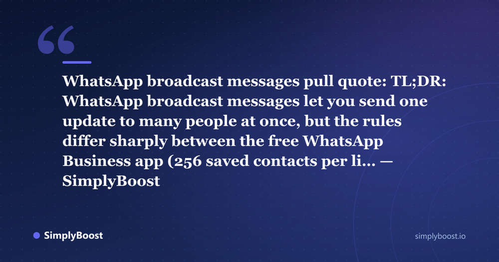 WhatsApp broadcast messages pull quote: TL;DR: WhatsApp broadcast messages let you send one update to many people at once, but the rules differ sharply between the free WhatsApp Business app (256 saved contacts per li… — SimplyBoost