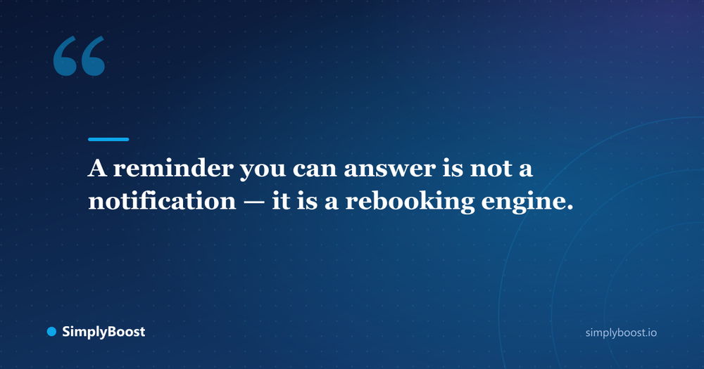 Pull quote: A reminder you can answer is not a notification — it is a rebooking engine. - SimplyBoost