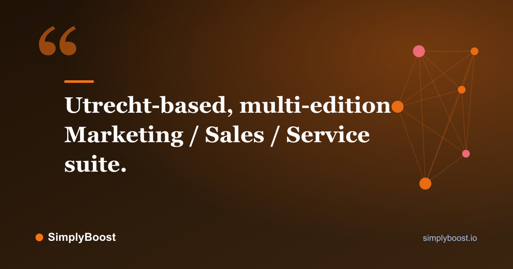 Intercom alternatives pull quote: Utrecht-based, multi-edition Marketing / Sales / Service suite. — SimplyBoost