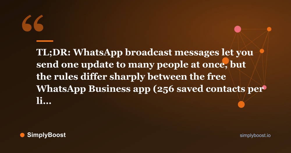 WhatsApp broadcast messages pull quote: TL;DR: WhatsApp broadcast messages let you send one update to many people at once, but the rules differ sharply between the free WhatsApp Business app (256 saved contacts per li… — SimplyBoost