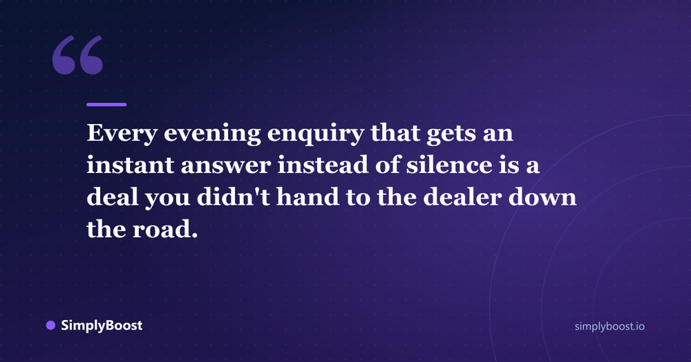 Pull quote: Every evening enquiry that gets an instant answer instead of silence is a deal you didn't hand to the dealer down the road. - SimplyBoost