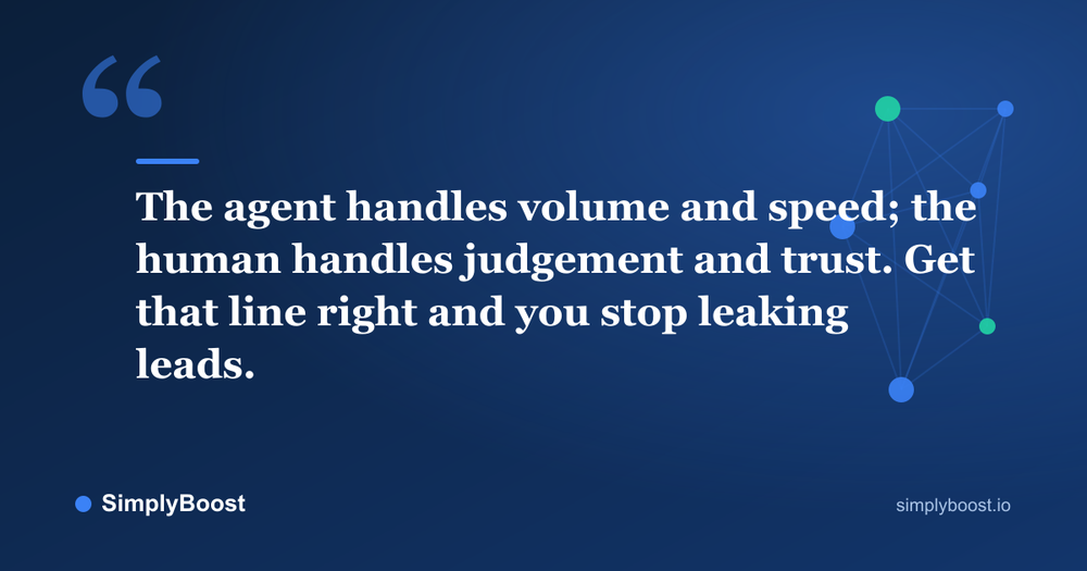 Pull quote: The agent handles volume and speed; the human handles judgement and trust. Get that line right and you stop leaking leads. - SimplyBoost