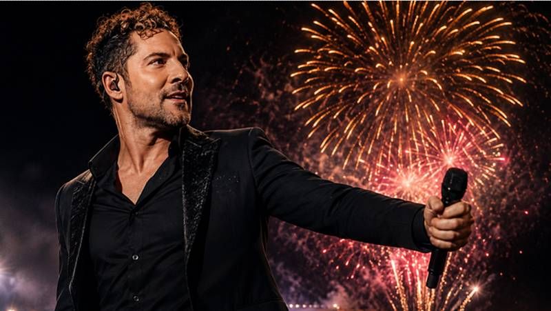 David Bisbal, con traje negro, extiende el micrófono con fuegos artificiales de fondo.