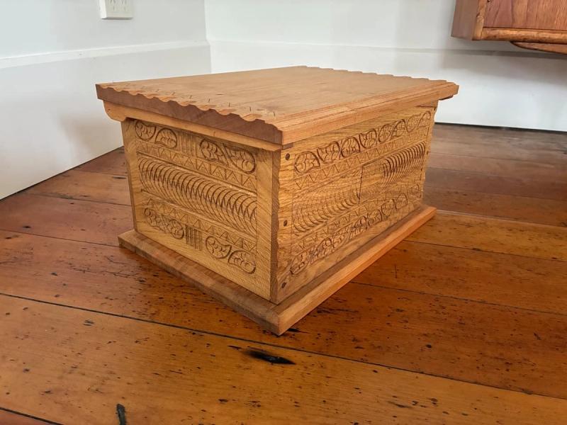 Carved box in oak from a Remuera tree
